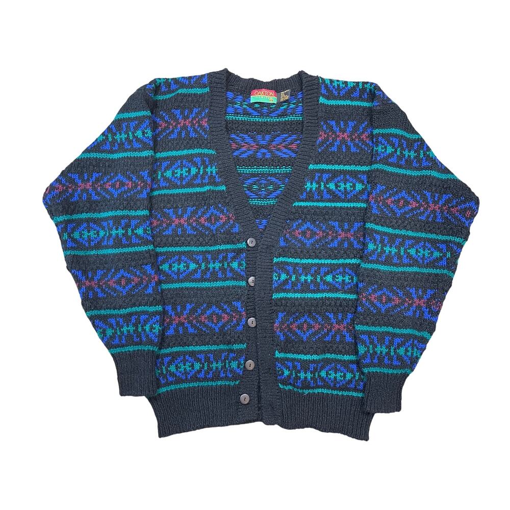 VTG Oakton Limited Tall XL V neck cardigan knit sweater geometric Aztec pattern